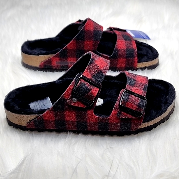 Birkenstock Arizona Wool Shearling Sandal Plaid Red - Picture 11 of 17